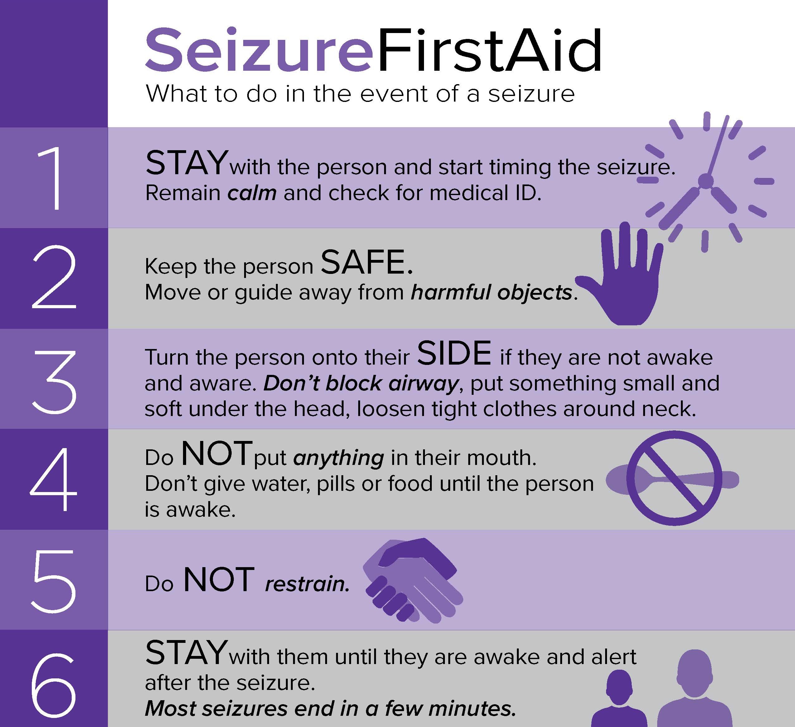 Seizure First Aid infographic detailing six steps to help someone experiencing a seizure, including staying calm, keeping the person safe, turning them on their side, not putting anything in their mouth, not restraining them, and staying with them until they are awake.